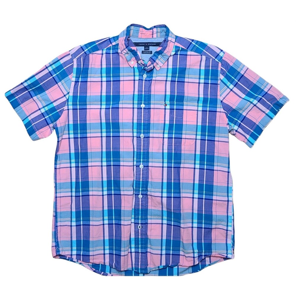 Tommy Hilfiger Shirt Mens Large Pastel Plaid Classic Fit Button-Up Chest Pocket